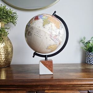 Decorative Tilted World Globe With Marble & Wood Square Base 12.5" Tall